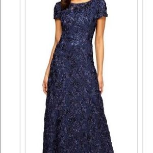 Navy Blue Shimmer and Appliqué Cocktail Gown